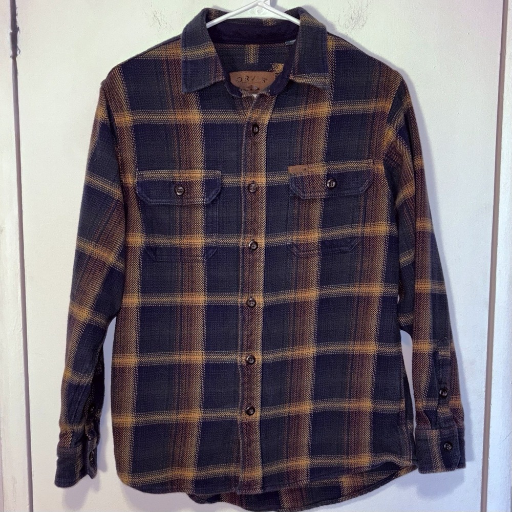 Orvis Flannel Shirt Small Blue Orange Plaid Heavyweight Cotton Twill Button Down
